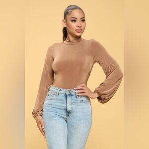 437B-TAN. Slinky High Neck Bodysuit